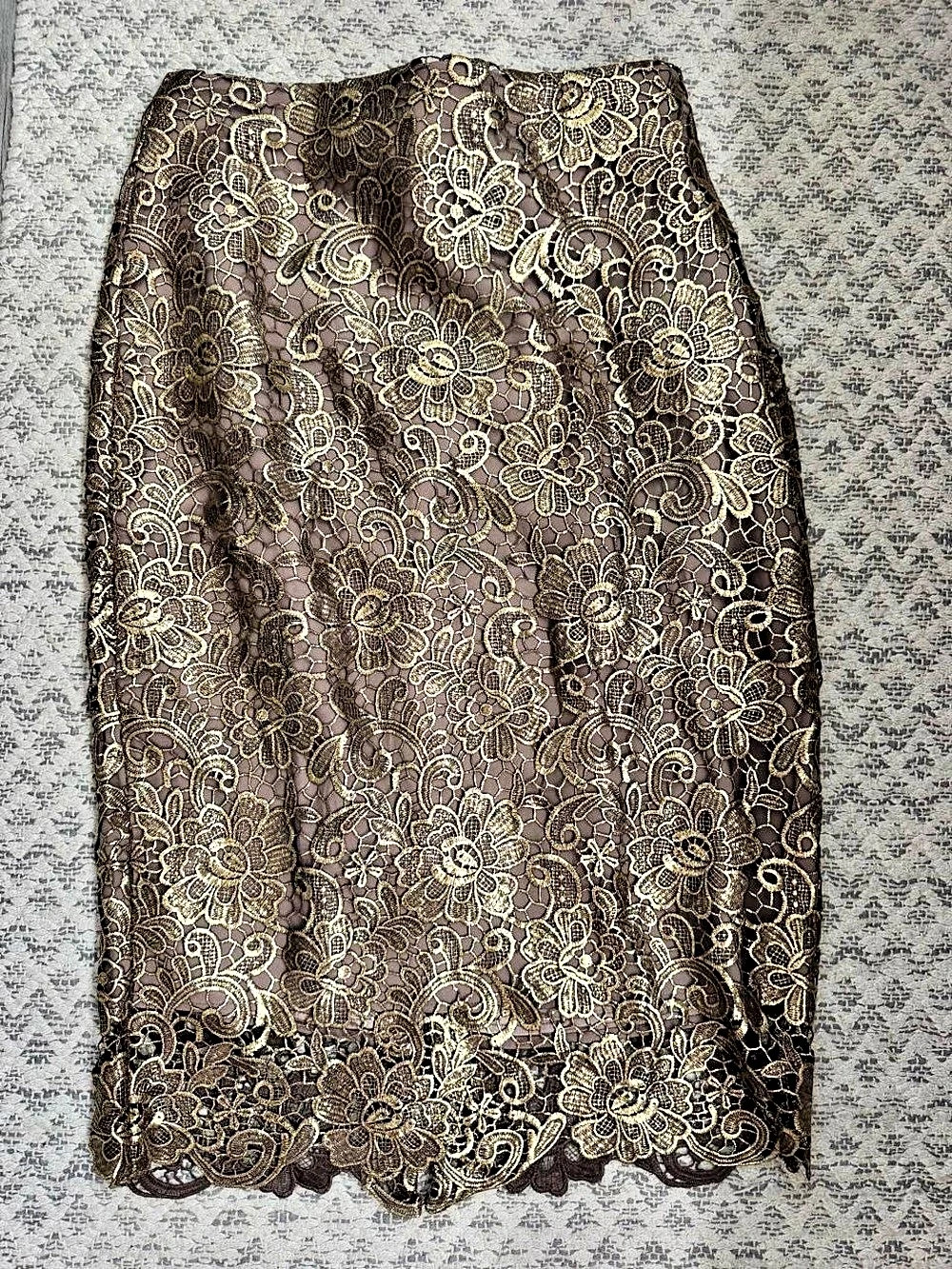 White House Black Market Lace Pencil Skirt Floral Midi Brown & Gold Size 10